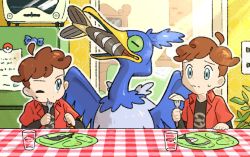 Rule 34 | 2boys, ahoge, arrokuda, bird, black undershirt, brown hair, child, closed mouth, collared shirt, commentary request, cramorant, creatures (company), cup, eating, fish, fork, freckles, game freak, gen 8 pokemon, glass, grey eyes, holding, holding fork, hungry seishin, indoors, male focus, multiple boys, nintendo, outline, plaid, pokemon, pokemon (creature), red shirt, refrigerator, shirt, short hair, short sleeves, sweatdrop, table, undershirt