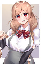 Rule 34 | 1girl, arm warmers, ayuko91, border, bow, bowtie, braid, breasts, brown background, cloud hair ornament, collared shirt, gradient background, gradient hair, grey background, grey skirt, hair between eyes, highres, kantai collection, large breasts, light brown hair, long hair, looking at viewer, low twin braids, minegumo (kancolle), multicolored hair, plaid, plaid bow, plaid bowtie, plaid neckwear, red bow, red bowtie, red eyes, shirt, skirt, solo, suspender skirt, suspenders, twin braids, upper body, white border, white shirt
