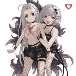 Rule 34 | 2girls, ahoge, alter ego malevolent (granblue fantasy), bangs, bare shoulders, black camisole, black shorts, black skirt, blush, breasts, camisole, chest jewel, choker, collarbone, covering, covering breasts, djeeta (granblue fantasy), earrings, feather boa, fishnet legwear, fishnets, forehead, granblue fantasy, grey hair, hair ornament, highres, iiros, jewelry, leg strap, long hair, looking at viewer, lyria (granblue fantasy), medium breasts, multiple girls, navel, open mouth, parted bangs, red eyes, short hair, shorts, skirt, small breasts, smile, swept bangs, tongue, tongue out, topless, very long hair, x hair ornament