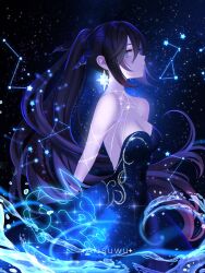 Rule 34 | 1girl, 707arisu, alternate costume, artist name, backless dress, backless outfit, bare shoulders, black background, black dress, black ribbon, blue background, blue eyes, blush, breasts, cleavage, constellation, dress, drill hair, earrings, floating hair, from side, genshin impact, glowing, gradient background, hair between eyes, hair ribbon, highres, jewelry, long hair, looking at viewer, looking to the side, medium breasts, mona (genshin impact), profile, ribbon, sidelocks, sideways glance, silver chain, sleeveless, sleeveless dress, solo, star (symbol), star earrings, starry background, starry sky print, strapless, strapless dress, twintails, very long hair, water