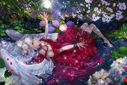 Rule 34 | 1girl, angel wings, bare shoulders, breasts, choker, cleavage, dress, feathered wings, flower, hair flower, hair ornament, highres, kimpeul, long hair, lying, medium breasts, moon, night, on back, original, outdoors, outstretched arms, petals, red dress, red eyes, red ribbon, ribbon, silver hair, sky, sleeveless, sleeveless dress, smile, solo, sparkle, star (sky), starry sky, strapless, strapless dress, white flower, white wings, wings, wrist cuffs