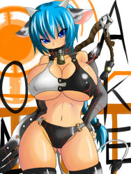Rule 34 | 1girl, animal print, ass, blue hair, breasts, choker, cow girl, cow print, cow tail, gluteal fold, highres, huge breasts, navel, numadaira, ponytail, solo, tail, thighhighs
