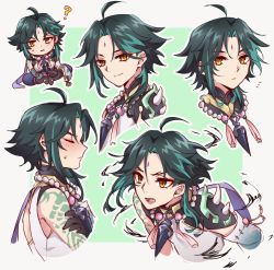 Rule 34 | 1boy, ?, absurdres, arm tattoo, armor, asymmetrical clothes, bead necklace, beads, blush, eyeliner, genshin impact, green hair, hatorikumiko, highres, jewelry, multiple views, necklace, open mouth, red eyeliner, short hair, shoulder armor, smile, sweatdrop, tassel, tattoo, xiao (genshin impact), yellow eyes