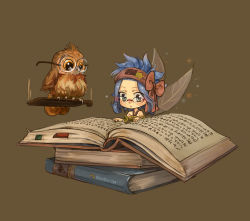 Rule 34 | 1girl, artist name, bare shoulders, bird, bludy-chu, blue hair, book, bow, breasts, brown background, chibi, commentary, english commentary, fairy, fairy tail, fairy wings, glasses, hairband, levy mcgarden, open book, owl, reading, simple background, solo, watermark, wings