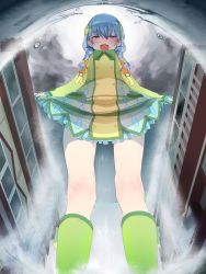 Rule 34 | 1girl, :d, absurdres, bare legs, blue eyes, blue hair, blush, boots, bow, bowtie, braid, building, clothes lift, cloud, cloudy sky, day, dress, from below, green bow, green bowtie, green dress, green footwear, highres, knee boots, long hair, long sleeves, looking at viewer, matching hair/eyes, open mouth, puddle, rain, ravejaeger, reflection, rubber boots, school, shironeko project, skirt, skirt lift, sky, smile, solo, thighs, tsuyuha (shironeko project), twin braids, water