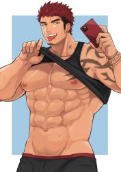 Rule 34 | 1boy, abs, bara, bare pectorals, biceps, black hair, buzz cut, cellphone, clothes lift, ear piercing, earrings, facial hair, green eyes, harada (basashi), jewelry, male focus, male underwear, manly, muscular, muscular male, navel, navel hair, nipples, original, pectorals, phone, piercing, red hair, shirt lift, short hair, sideburns, solo, stubble, sweat, tank top, tattoo, thick eyebrows, tongue, tongue out, tusks, underwear, very short hair