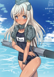 Rule 34 | 1girl, bare shoulders, blue eyes, blue sky, blush, bracelet, cloud, cosplay, covering crotch, covering privates, cowboy shot, cropped jacket, day, garrison cap, hat, headgear, jewelry, kantai collection, long hair, looking at viewer, military hat, name tag, one-piece swimsuit, parted lips, puffy short sleeves, puffy sleeves, ro-500 (kancolle), sakiyamama, school swimsuit, short sleeves, sky, solo, swimsuit, swimsuit under clothes, tan, tanline, torpedo, twitter username, u-511 (kancolle), u-511 (kancolle) (cosplay), wet, white hair