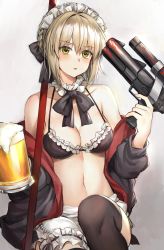 Rule 34 | 1girl, :o, absurdres, alcohol, apron, artoria pendragon (alter swimsuit rider) (fate), artoria pendragon (alter swimsuit rider) (second ascension) (fate), artoria pendragon (fate), bad id, bad pixiv id, bare shoulders, beer, beer mug, bikini, black bikini, black bow, black jacket, black thighhighs, blonde hair, blush, bow, bowtie, braid, breasts, collarbone, commentary request, cup, fate/grand order, fate (series), foam, frills, highres, holding, holding water gun, jacket, looking at viewer, maid, maid bikini, maid headdress, medium breasts, mug, navel, open clothes, ribbon, rota (078), short hair, solo, swimsuit, thighhighs, unconventional maid, water gun, white apron, yellow eyes