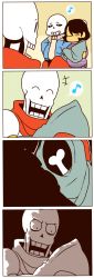 Rule 34 | +++, 2boys, 4koma, :d, = =, androgynous, baby, bone, comic, frisk (undertale), grin, highres, if they mated, mamaito, multiple boys, musical note, open mouth, papyrus (undertale), sans (undertale), shirt, silent comic, skeleton, smile, spoken musical note, striped clothes, striped shirt, undertale, wide-eyed