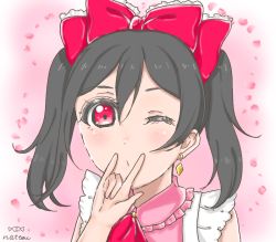 Rule 34 | 1girl, apron, artist name, artist request, bare shoulders, black hair, blush, bow, collared shirt, earrings, female focus, hair bow, jewelry, korekara no someday, looking at viewer, love live!, love live! school idol project, natto (pixiv37886259), one eye closed, pink shirt, red bow, red eyes, shirt, short hair, smile, solo, twintails, white apron, yazawa nico