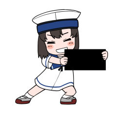 Rule 34 | 1girl, black hair, blue sailor collar, bob cut, can&#039;t show this (meme), closed eyes, commentary request, daitou (kancolle), dress, harukaze unipo, hat, kantai collection, parody, sailor collar, sailor dress, sailor hat, short hair, short sleeves, sidelocks, simple background, solo, standing, template, white background, white dress, white hat
