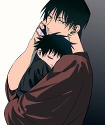 Rule 34 | 2boys, aged down, black hair, carrying, cellphone, child, child carry, closed eyes, commentary request, father and son, fushiguro megumi, fushiguro touji, highres, holding, holding phone, jujutsu kaisen, long sleeves, looking at viewer, male focus, multiple boys, phone, scar, scar on face, scar on mouth, shenshan laolin, shirt, short hair, sleeping