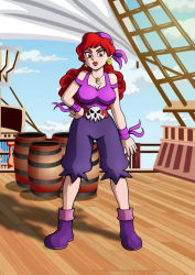 Rule 34 | 1girl, absurdres, barrel, breasts, captain syrup, cleavage, day, full body, hand on own hip, highres, lipstick, looking at viewer, makeup, nintendo, pirate, red eyes, red hair, red lips, ship, standing, tagme, wario land, watercraft