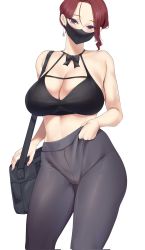 Rule 34 | 1girl, adjusting clothes, asymmetrical hair, bag, bikini, bikini top only, black bikini, black bow, black bowtie, black mask, blush, bow, bowtie, breasts, cleavage, commentary, contrapposto, covered mouth, crotch seam, earrings, feet out of frame, grey pants, high-waist pants, highres, jewelry, large breasts, looking at viewer, mask, maskwolf, mouth mask, original, pants, parted bangs, purple eyes, red hair, short hair, shoulder bag, simple background, solo, standing, swimsuit, symbol-only commentary, tight clothes, tight pants, white background