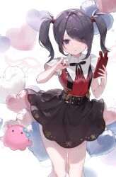 Rule 34 | 1girl, ame-chan (needy girl overdose), balloon, black hair, black nails, black ribbon, black skirt, blue bow, bow, closed mouth, collared shirt, commentary request, cowboy shot, hair ornament, hair over one eye, hair tie, hands up, heart balloon, highres, holding, holding phone, long hair, looking at viewer, multicolored nails, neck ribbon, needy girl overdose, nogi momoko, octopus, phone, pill, pout, purple eyes, red nails, red shirt, ribbon, shirt, shirt tucked in, skirt, solo, standing, suspender skirt, suspenders, twintails, white background, x hair ornament