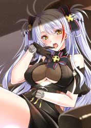 Rule 34 | 1girl, antenna hair, azur lane, black dress, black gloves, breasts, clothing cutout, dress, finger to mouth, gekato, gloves, hair ribbon, highres, large breasts, light purple hair, long hair, looking at viewer, multicolored hair, official alternate costume, open mouth, prinz eugen (azur lane), prinz eugen (cordial cornflower) (azur lane), red hair, ribbon, see-through, shoulder cutout, sitting, solo, streaked hair, tongue, tongue out, two-tone hair, underboob cutout, yellow eyes
