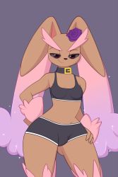 Rule 34 | 1boy, alternate color, bare shoulders, black sclera, black shorts, breasts, bulge, collar, colored sclera, covered erect nipples, creatures (company), crop top, flower, furry, furry male, game freak, gen 4 pokemon, hair flower, hair ornament, half-closed eyes, hand on own hip, highres, legs apart, looking at viewer, lopunny, nintendo, pinkcappachino, pokemon, pokemon (creature), pokemon dppt, purple background, purple flower, red eyes, shiny pokemon, short shorts, shorts, simple background, sleeveless, small breasts, smile, solo, sparkle, sports bra, standing, trap, wide hips