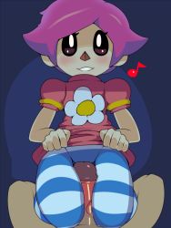 Rule 34 | 1boy, 1girl, animal crossing, between legs, black sclera, blue background, blue pantyhose, blush, cameltoe, captain kirb, clothed female nude male, clothes lift, colored sclera, dress, dress lift, erection, floral print, kneeling, lifting own clothes, musical note, nintendo, nude, pantyhose, penis, pink dress, pink hair, puffy short sleeves, puffy sleeves, seiza, short hair, short sleeves, sitting, smile, striped clothes, striped pantyhose, teeth, two-tone background, uncensored, veins, veiny penis, villager (animal crossing), white eyes