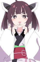 Rule 34 | 1girl, :p, blunt bangs, brown eyes, brown hair, collarbone, fingers to mouth, hair ornament, ixy, japanese clothes, kimono, looking at viewer, obi, sash, short hair, solo, tongue, tongue out, touhoku kiritan, upper body, voiceroid, white background, white kimono