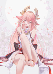 Rule 34 | 1girl, absurdres, animal ears, bare shoulders, barefoot, blush, breasts, commentary, detached sleeves, earrings, feet, foot out of frame, fox ears, genshin impact, hair between eyes, hair ornament, highres, japanese clothes, jewelry, knee up, kns hanazuna, legs, long hair, long sleeves, looking at viewer, medium breasts, open mouth, pink hair, purple eyes, smile, soles, solo, thighs, toes, very long hair, wide sleeves, yae miko