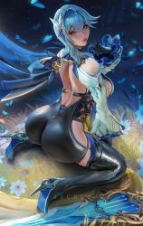 Rule 34 | 1girl, artist name, ass, bare shoulders, blue hair, blush, boots, breasts, cape, eula (genshin impact), from behind, genshin impact, gloves, greatsword, hair ornament, hairband, high heel boots, high heels, highres, huge ass, large breasts, leotard, long hair, looking at viewer, looking back, purple eyes, rached, shiny clothes, shiny skin, sideboob, sitting, smile, solo, sword, thigh boots, thighhighs, wariza, weapon