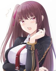 Rule 34 | 1girl, annoyed, arm under breasts, black jacket, blunt bangs, blush, breasts, collared shirt, girls&#039; frontline, hair ribbon, hand up, highres, jacket, keenh, large breasts, long hair, necktie, purple hair, red eyes, red ribbon, ribbon, shirt, side ponytail, solo, upper body, v-shaped eyebrows, wa2000 (girls&#039; frontline)