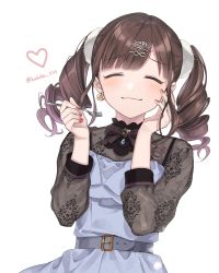 Rule 34 | 1girl, belt, blue dress, brown hair, commentary request, dress, drill hair, earrings, closed eyes, foodgasm, fork, hair bun, hair ornament, hair scrunchie, hairclip, heart, holding, holding fork, idolmaster, idolmaster shiny colors, jewelry, long hair, nail polish, red nails, scrunchie, solo, sonoda chiyoko, takeko spla, twin drills, white background