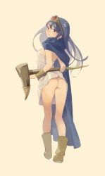 Rule 34 | 1girl, ass, back, bad id, bad twitter id, blue cape, blue hair, boots, brown eyes, brown footwear, cape, circlet, dragon quest, hair between eyes, holding, long hair, looking back, popman3580, sage (dq3), simple background, smile, solo, standing, yellow background