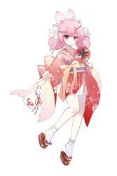 Rule 34 | 1girl, absurdres, animal ears, anqing, bag, bcy, brown footwear, cat ears, cherry blossom print, fish, floral print, flower, full body, goldfish, hair flower, hair ornament, hand fan, highres, holding, holding bag, holding fan, japanese clothes, kimono, looking at viewer, low twintails, okobo, paper fan, pink eyes, pink hair, pouch, red kimono, ruan miemie, sandals, shoes, smile, socks, solo, standing, standing on one leg, tabi, twintails, uchiwa, white background, white footwear, white socks, wide sleeves