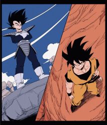 Rule 34 | 2boys, ankle boots, armor, arms at sides, black border, black eyes, black hair, black wristband, blue bodysuit, blue sky, bodysuit, boots, border, clenched hands, closed mouth, clothes writing, cloud, cloudy sky, contrail, crossed arms, day, dougi, dragon ball, dragonball z, dutch angle, from above, from below, full body, gloves, highres, kz (dbz kz), legs apart, looking down, male focus, messy hair, monkey tail, multiple boys, muscular, muscular male, outdoors, pectorals, perspective, rock, saiyan armor, serious, shadow, sideways glance, sky, smirk, son goku, spiked hair, split screen, standing, tail, tail around waist, v-shaped eyebrows, vegeta, white footwear, white gloves, wristband
