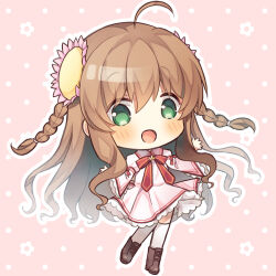 Rule 34 | 1girl, ahoge, blush, boots, braid, brown footwear, brown hair, chibi, commentary request, commission, crown, dress, eyes visible through hair, flower, frilled dress, frilled sleeves, frills, green eyes, hair between eyes, hair flower, hair ornament, hands up, happy, haruchimo, highres, juliet sleeves, kanbe kotori, kazamatsuri institute high school uniform, long hair, long sleeves, looking at viewer, mini crown, neck ribbon, open mouth, pink background, pink dress, pink flower, puffy sleeves, red ribbon, rewrite, ribbon, school uniform, short dress, sidelocks, simple background, skeb commission, smile, solo, tareme, thighhighs, twin braids, very long hair, wavy hair, white thighhighs, wide sleeves