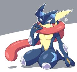 Rule 34 | 1girl, blue skin, blush, bright pupils, colored skin, creatures (company), female focus, frog girl, full body, furry, furry female, game freak, gen 6 pokemon, greninja, grey background, half-closed eyes, hand to own mouth, hand up, highres, kneeling, long tongue, looking to the side, multicolored skin, nintendo, open mouth, outline, pokemon, pokemon (creature), red eyes, shiny skin, simple background, sitting, solo, subaru331, sweat, tongue, tongue out, two-tone background, two-tone skin, venus symbol, webbed hands, white background, white outline, white pupils, yellow skin