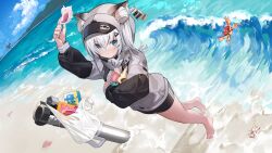 Rule 34 | 1girl, animal ears, artist request, bag, barefoot, bird, blue eyes, blue sky, cat ears, child, closed mouth, crab, double bun, full body, goddess of victory: nikke, grey hair, grey hoodie, hair bun, highres, hood, hoodie, mountain, n102 (nikke), official art, plastic bag, price tag, robot, rocket launcher, sand, sky, solo, third-party source, twintails, waves, weapon