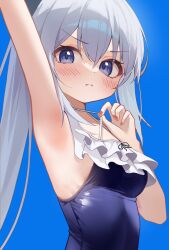 Rule 34 | 1girl, absurdres, alpha beast, armpits, black one-piece swimsuit, blue archive, blue background, blush, breasts, closed mouth, fingernails, frilled one-piece swimsuit, frills, grey hair, hair between eyes, highres, long hair, looking at viewer, medium breasts, miyako (blue archive), miyako (swimsuit) (blue archive), official alternate costume, one-piece swimsuit, ponytail, purple eyes, simple background, solo, swimsuit, upper body