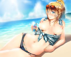 Rule 34 | 10s, 1girl, ayase eli, bad id, bad pixiv id, beach, blonde hair, blue eyes, blush, brand name imitation, breasts, chiiutsu (cheewts), day, eyewear on head, gradient background, highres, large breasts, long hair, looking at viewer, love live!, love live! school idol project, lying, nipples, on side, outdoors, ponytail, red bull, smile, solo, sunglasses, water