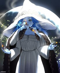 Rule 34 | 1girl, artist name, blue eyes, blue hair, blue sky, cigar, cloak, cracked skin, dress, elden ring, extra arms, extra faces, fur cloak, gwenervi, hat, highres, holding, holding cigar, large hat, long hair, moon, one eye closed, ranni the witch, sky, smoke, smoking, solo, white dress, witch hat