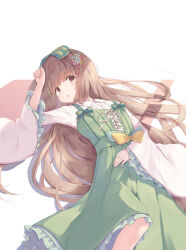 Rule 34 | 1girl, arm up, bow, brown eyes, brown hair, busaikusu (boosykes), collared shirt, commentary request, commission, dress, dress shirt, frilled dress, frilled sleeves, frills, green dress, hair bow, idolmaster, idolmaster cinderella girls, long hair, long sleeves, shadow, shirt, simple background, skeb commission, sleeveless, sleeveless dress, sleeves past wrists, solo, striped bow, very long hair, white background, white shirt, wide sleeves, yellow bow, yorita yoshino