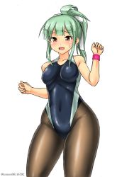 Rule 34 | black one-piece swimsuit, black pantyhose, blush, bow, breasts, collarbone, competition swimsuit, covered navel, cowboy shot, embarrassed, green hair, grey one-piece swimsuit, hair between eyes, hair bow, kantai collection, kudou (ooabareteng), medium breasts, one-piece swimsuit, open mouth, pantyhose, pantyhose under swimsuit, ponytail, smile, sweatdrop, swimsuit, twitter username, two-tone swimsuit, yuubari (kancolle)