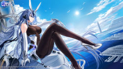 Rule 34 | animal ears, azur lane, bodystocking, eagle union (emblem), elbow gloves, from side, gloves, high heels, highres, long hair, new jersey (azur lane), official art, rabbit ears, rigging, sitting, solo, very long hair, white gloves