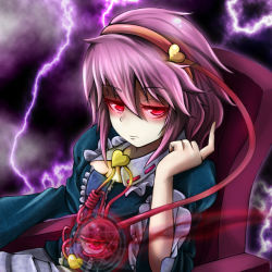 Rule 34 | 1girl, breasts, cleavage, cleavage cutout, clenched teeth, clothing cutout, deviantart thumbnail, expressionless, glowing, glowing eyes, heart, komeiji satori, lightning, lightning bolt symbol, looking at viewer, purple hair, red eyes, sitting, small breasts, solo, teeth, third eye, touhou, turn-a