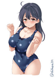 Rule 34 | 1girl, ahoge, black hair, blue one-piece swimsuit, blush, breasts squeezed together, breasts, brown eyes, cleavage, collarbone, cowboy shot, ebifurya, hair between eyes, highres, kantai collection, large breasts, long hair, official alternate costume, one-piece swimsuit, polka dot, polka dot swimsuit, simple background, solo, swimsuit, twitter username, ushio (kancolle), white background