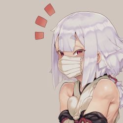 Rule 34 | 1girl, bare shoulders, blush, breasts, collagen, detached sleeves, dildo gag, dildo under mask, gag, highres, japanese clothes, long hair, looking at viewer, mask, meme, mouth mask, original, red eyes, silver hair, sleeveless, solo, surgical mask, thick eyebrows, upper body