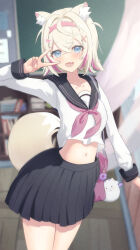 Rule 34 | 1girl, absurdres, akahoshi azu, animal ears, bandaid, bandaid hair ornament, black sailor collar, black skirt, blonde hair, blue eyes, blush, breasts, dog ears, dog girl, dog tail, fang, hair ornament, highres, hololive, hololive english, looking at viewer, mococo abyssgard, multicolored hair, navel, neckerchief, open mouth, perroccino (fuwamoco), pink hair, red neckerchief, sailor collar, school uniform, serafuku, shirt, skirt, small breasts, smile, solo, streaked hair, tail, v over eye, virtual youtuber, white serafuku, white shirt, x hair ornament