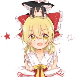 Rule 34 | 2girls, :d, bare shoulders, black hair, bow, cosplay, costume switch, detached sleeves, hair bow, hakurei reimu, hakurei reimu (cosplay), hat, jitome, kirisame marisa, kirisame marisa (cosplay), kosencha, long hair, looking at viewer, mini person, minigirl, multiple girls, on head, open mouth, person on head, smile, star (symbol), touhou, witch hat, yellow eyes
