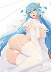 Rule 34 | 1girl, alternate breast size, ass, azura (fire emblem), bad id, bad pixiv id, breasts, cleavage, commentary request, fire emblem, fire emblem fates, hair between eyes, highres, large breasts, lingerie, long hair, looking at viewer, navel, nintendo, open mouth, simple background, smile, solo, stormcow, thighs, underwear