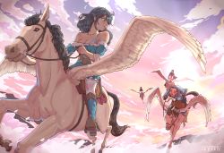 Rule 34 | 1boy, 1girl, 2others, black hair, blue eyes, breasts, cloud, dress, feathered wings, flying, highres, horse, leveen, long hair, looking at another, looking back, multiple others, original, pegasus, pegasus wings, riding, scenery, short hair, sky, sleeveless, sleeveless dress, smile, sunset, uniform, wings