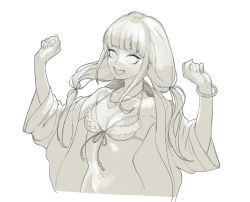 Rule 34 | 1girl, bikini, blunt bangs, bracelet, breasts, cleavage, collarbone, commentary request, danganronpa (series), danganronpa v3: killing harmony, fang, frills, greyscale, jacket, jewelry, long hair, low twintails, monochrome, necklace, open clothes, open jacket, open mouth, rei (tdn ng), shell, shell necklace, sidelocks, simple background, smile, solo, swimsuit, teeth, twintails, upper teeth only, yonaga angie
