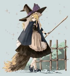 Rule 34 | 1girl, apron, black footwear, black hat, black skirt, black vest, blonde hair, blue cape, bow, braid, broom, cape, commentary request, crossed legs, fence, frilled hat, frills, full body, hair bow, hat, hat bow, highres, holding, holding broom, kirisame marisa, looking at viewer, mary janes, nanataru10, one-hour drawing challenge, purple bow, shoes, single braid, skirt, smile, socks, solo, standing, standing on one leg, touhou, veil, vest, waist apron, watson cross, white apron, white socks, witch hat, wooden fence, wristband, yellow eyes