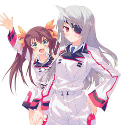 Rule 34 | 10s, 2girls, arms up, blush, brown hair, eyepatch, green eyes, hair ribbon, hand on own hip, huang lingyin, infinite stratos, laura bodewig, long hair, looking at viewer, multiple girls, open mouth, red eyes, ribbon, school uniform, silver hair, simple background, twintails, white background, yo yuma