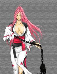 Rule 34 | 1girl, ahomira, amputee, arc system works, baiken, breasts, breasts apart, chain, claws, cleavage, facial mark, guilty gear, japanese clothes, kimono, large breasts, long hair, obi, one-eyed, pink eyes, pink hair, ponytail, sash, scar, scar across eye, scar on face, tattoo, weapon